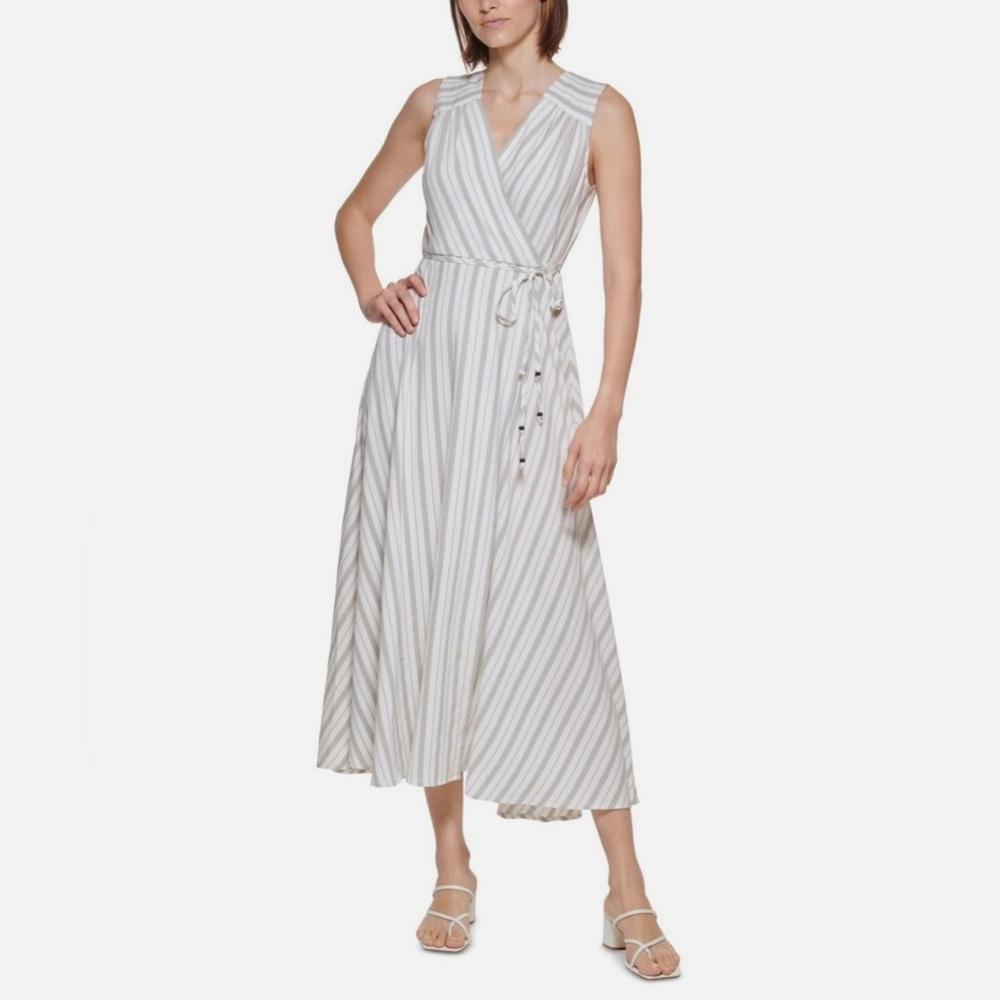 Calvin Klein Sleeveless Stripe Wrap Maxi Dress